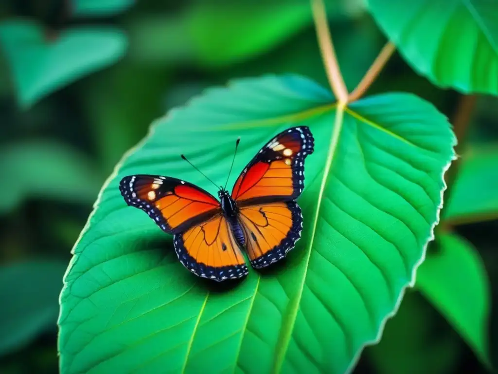 Una mariposa delicada posada en una hoja verde vibrante, mostrando detallados patrones y texturas