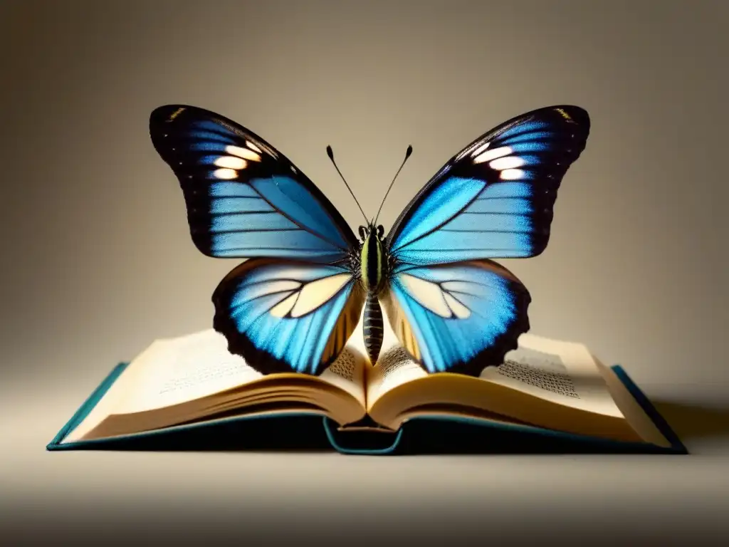 Mariposa emergiendo de un libro, simbolizando transformación y crecimiento con libros de poesía transformadores