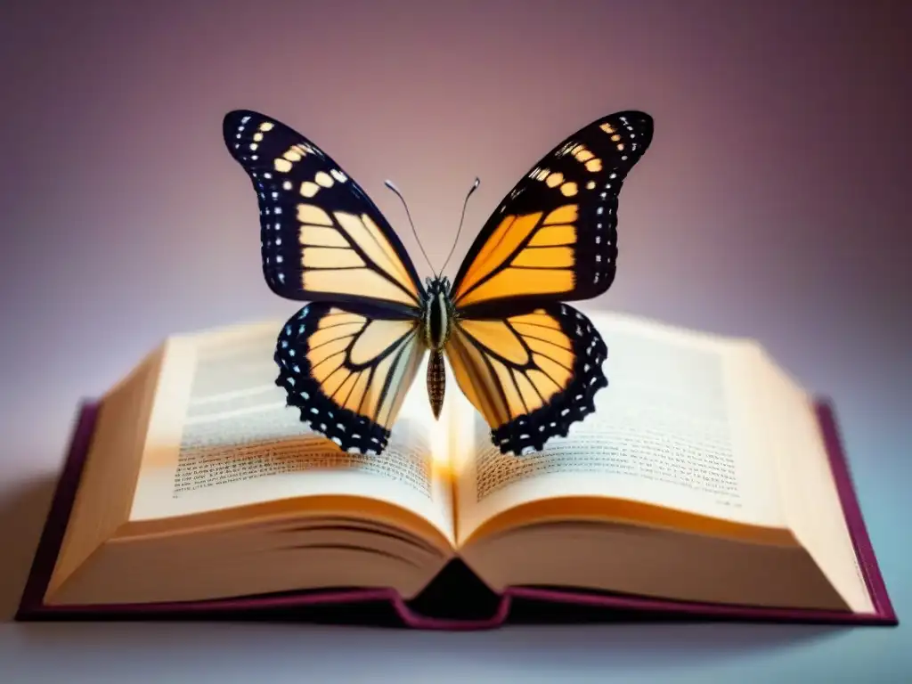 Mariposa emergiendo de libro, símbolo de transformación a través de la poesía, con alas adornadas con palabras y versos