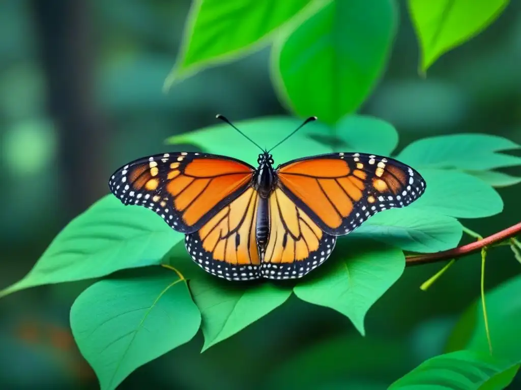 Una mariposa monarca en un bosque exuberante, simbolizando esperanza y resistencia