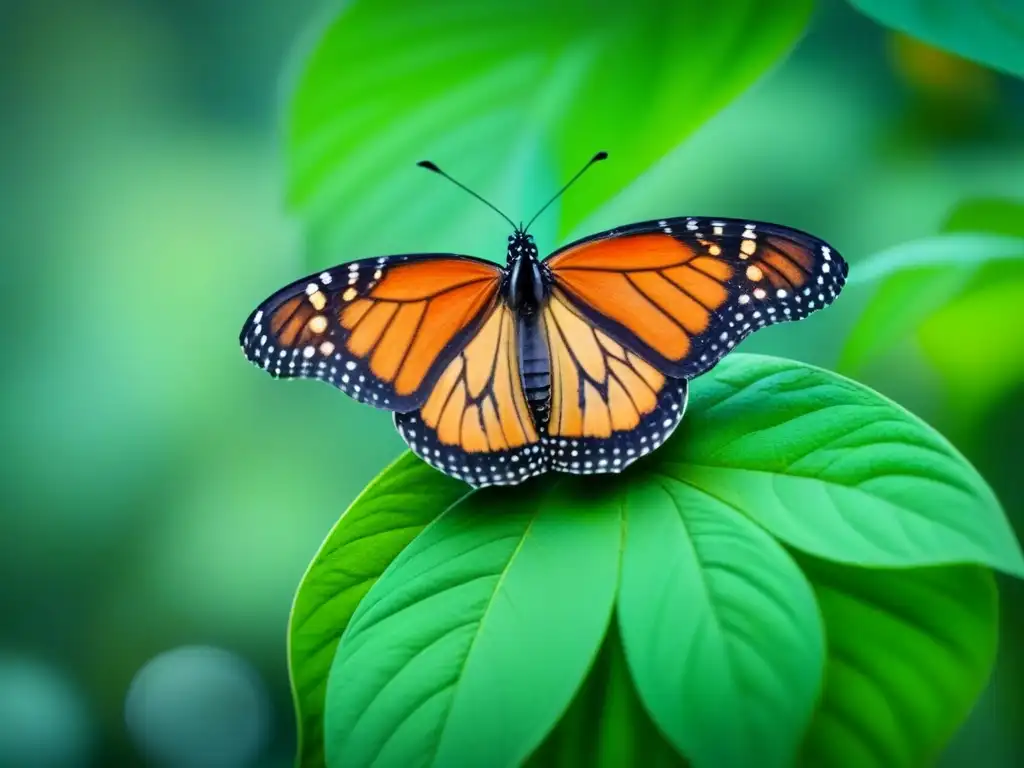 Una mariposa monarca en una hoja verde, con alas naranjas, negras y blancas