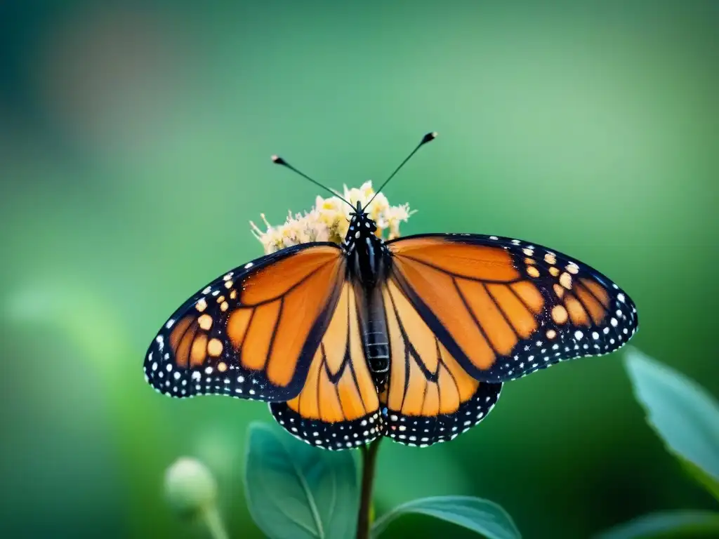 Una mariposa monarca vibrante posada en una flor marchita, evocando la fragilidad de la naturaleza