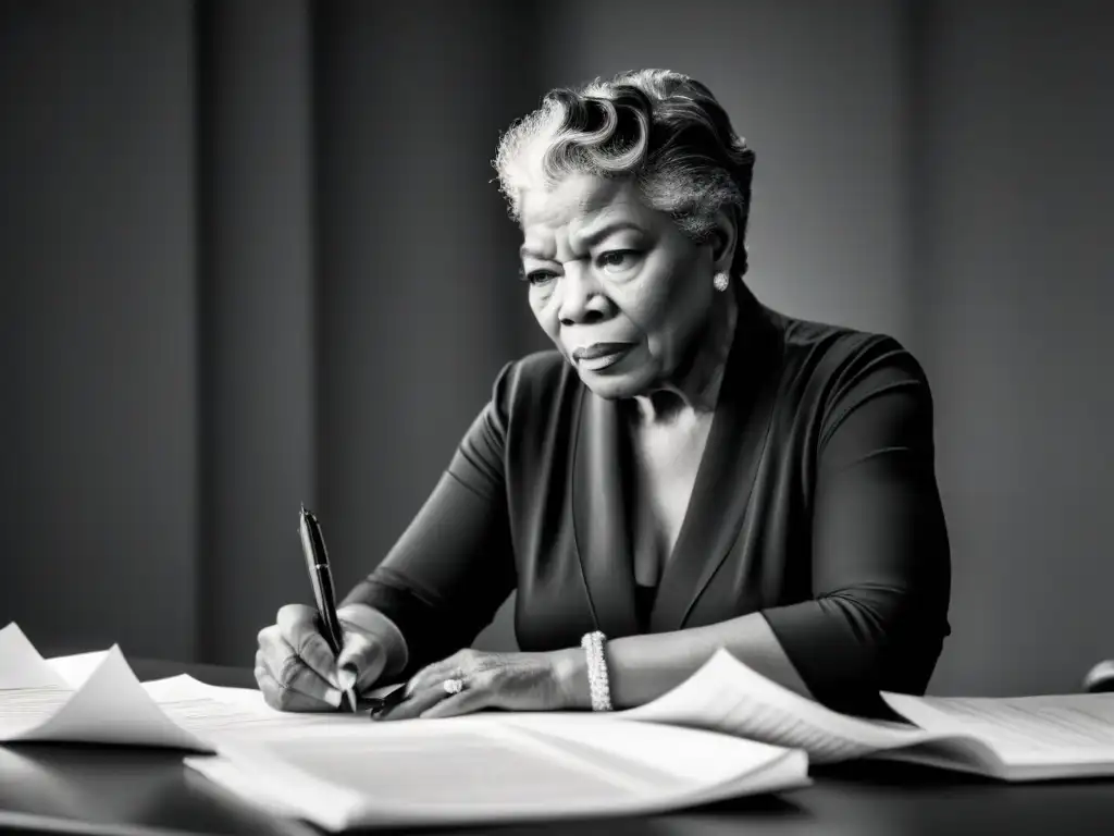 Maya Angelou escribiendo con determinación, rodeada de papel y lápiz