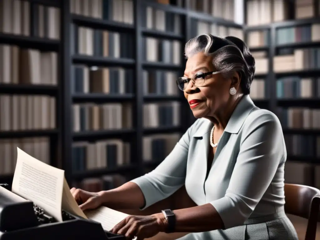 Maya Angelou sonríe suavemente mientras contempla sus versos realistas en medio de libros y papeles