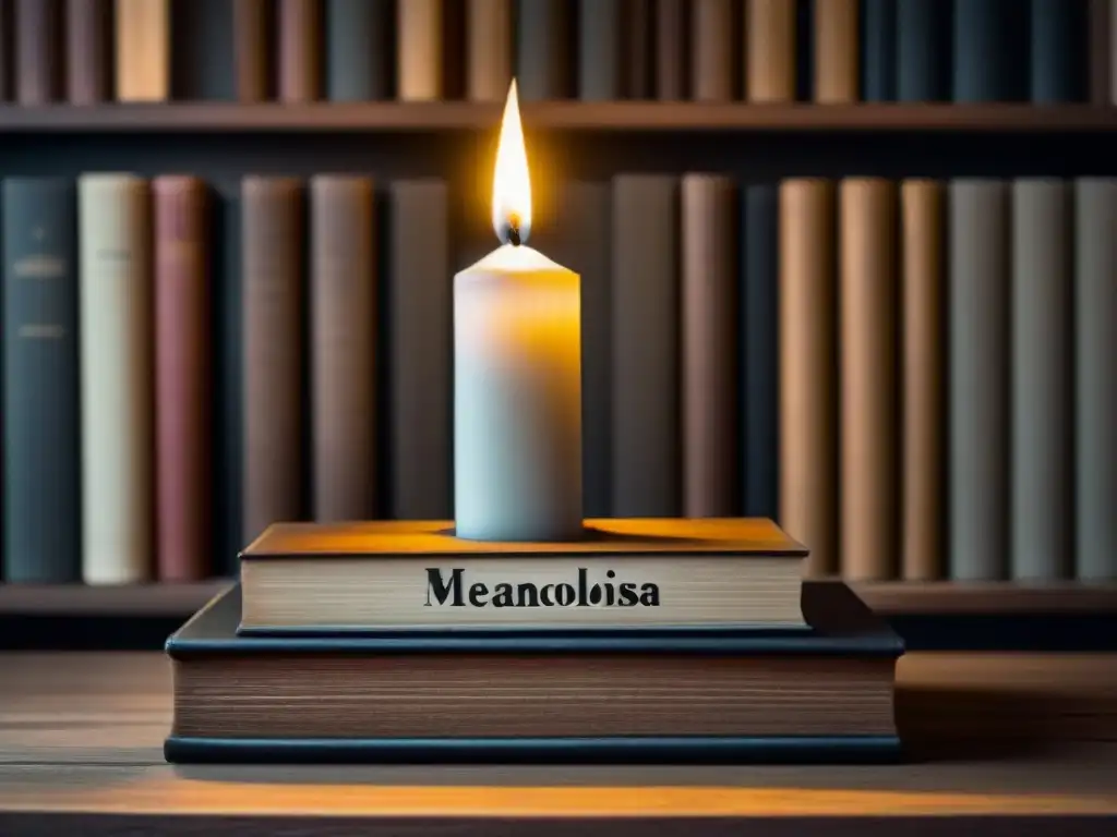 Melancolía iluminada: vela sobre libros antiguos en escritorio de madera