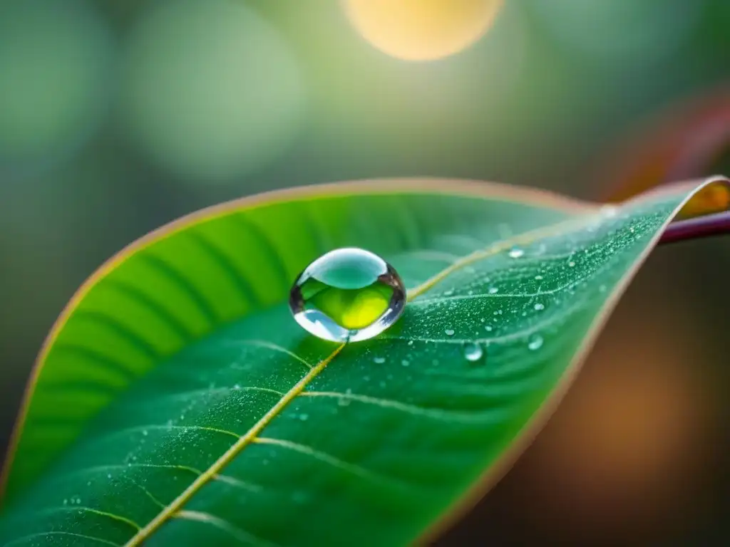 Una metáfora natural en poesía: una delicada gota de rocío en una hoja verde, capturando la belleza serena del bosque