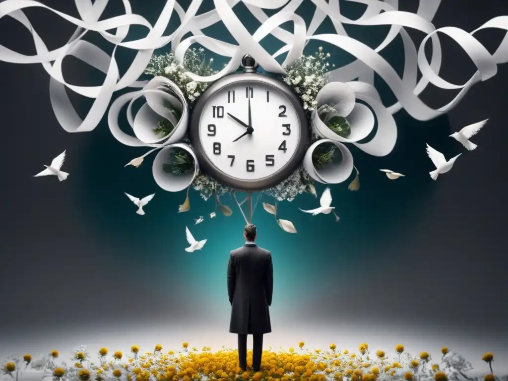 Poesía surrealista: relojes derritiéndose, ojos flotando, flores transformándose en aves Metáfora en poesía surrealista: Objetos se transforman en un poema visual con relojes derritiéndose, ojos flotando y flores convirtiéndose en aves