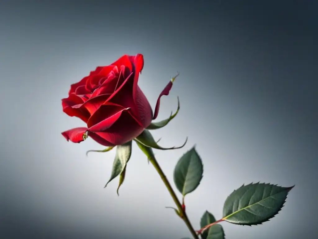 Rosa roja suspendida: belleza y delicadeza en detalle Una metáfora en poesía surrealista: un rojo y delicado rosal suspendido en el aire, suavemente iluminado en un fondo blanco