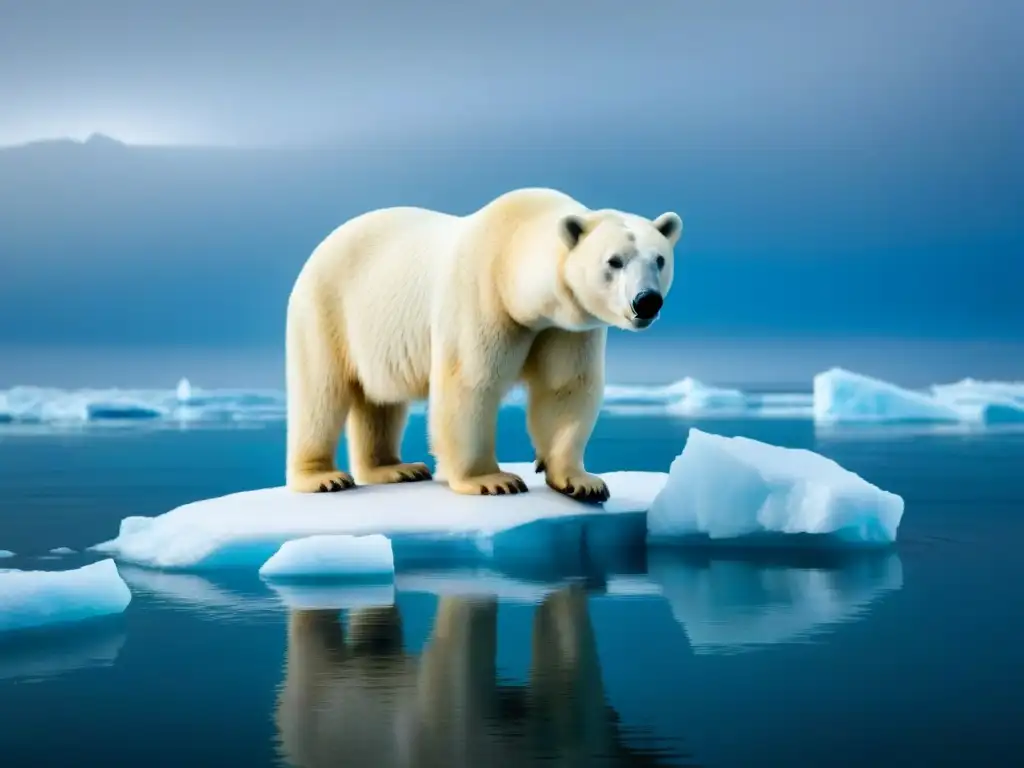 Metáforas sobre crisis climática poesía: Oso polar solitario en iceberg derritiéndose, reflejando urgencia ambiental