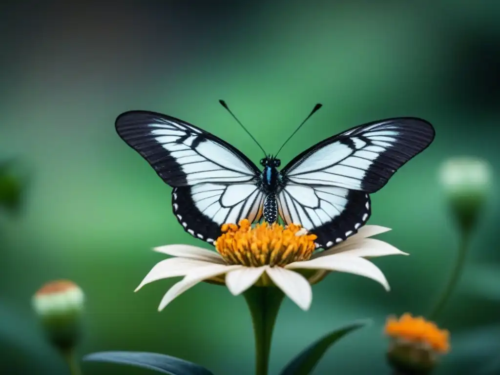 Interpretación de metáforas poéticas: Mariposa reposando en flor, delicadeza y belleza en blanco y negro