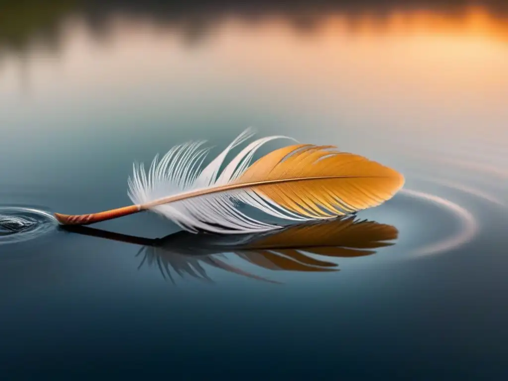 Interpretación de metáforas poéticas: Pluma solitaria sobre agua quieta al atardecer