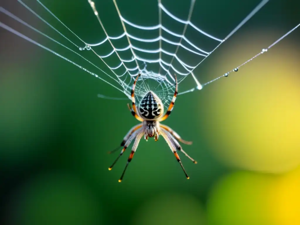 Metáforas en poesía lírica: una araña teje su tela con rocío al amanecer en blanco y negro