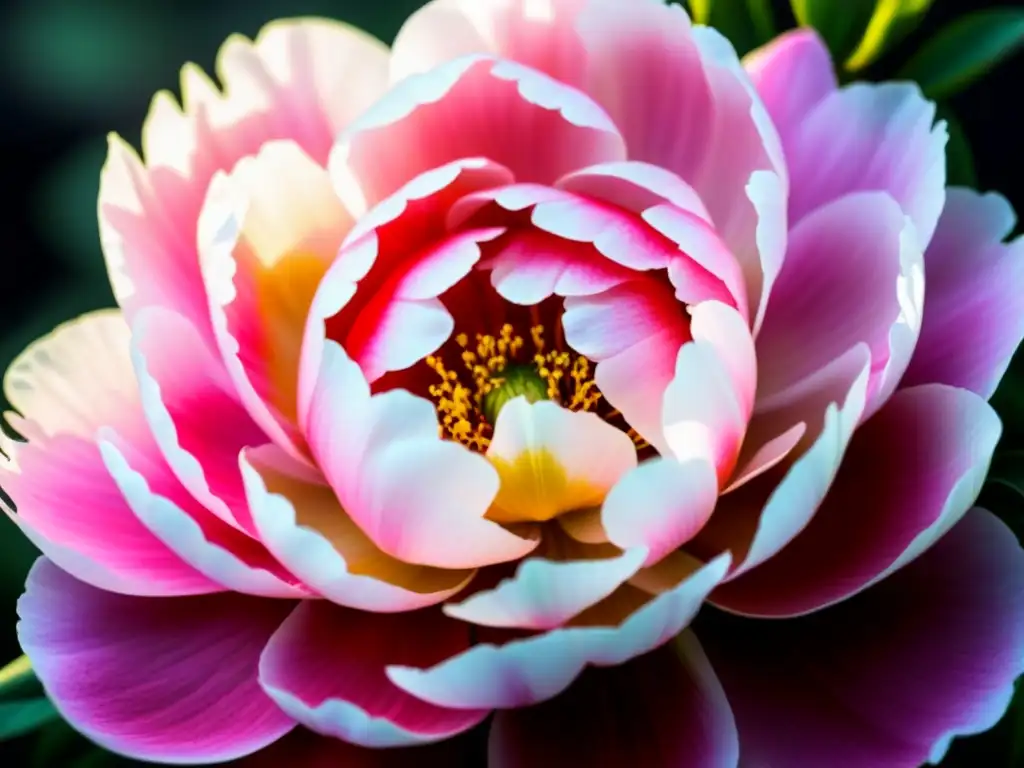 Metáforas de la vida poética: Detalle de una peonía en flor, con pétalos rosados y rocío bajo la luz del sol