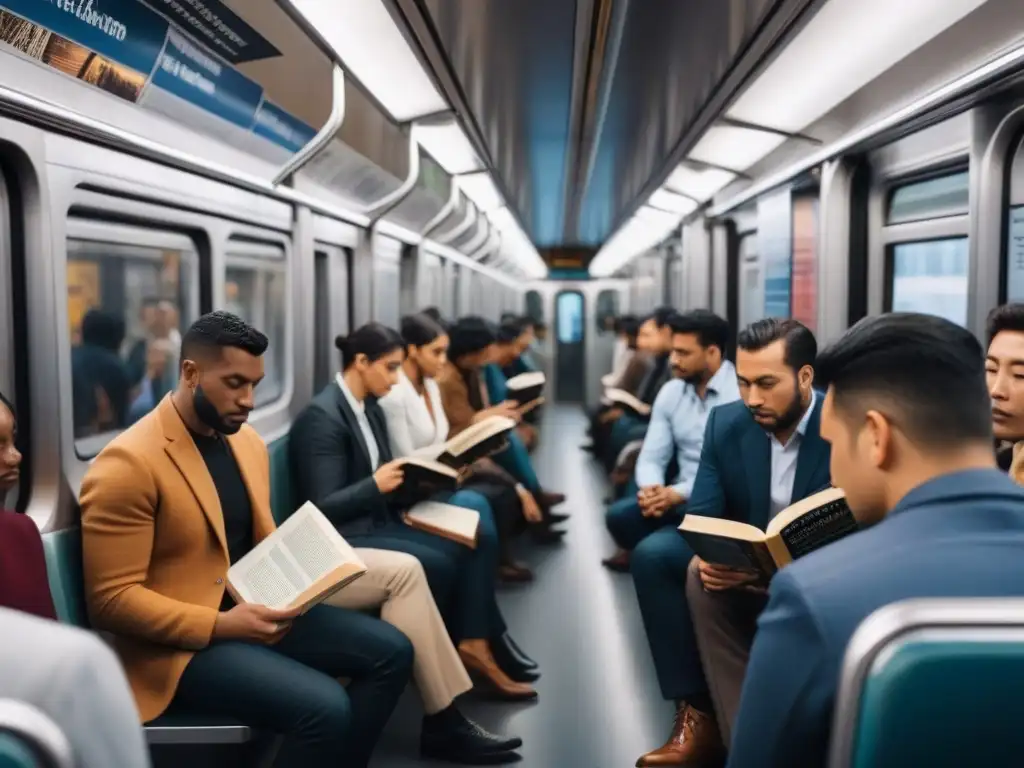 Un metro abarrotado donde diversos pasajeros leen libros de poesía, reflejando emociones de contemplación y alegría