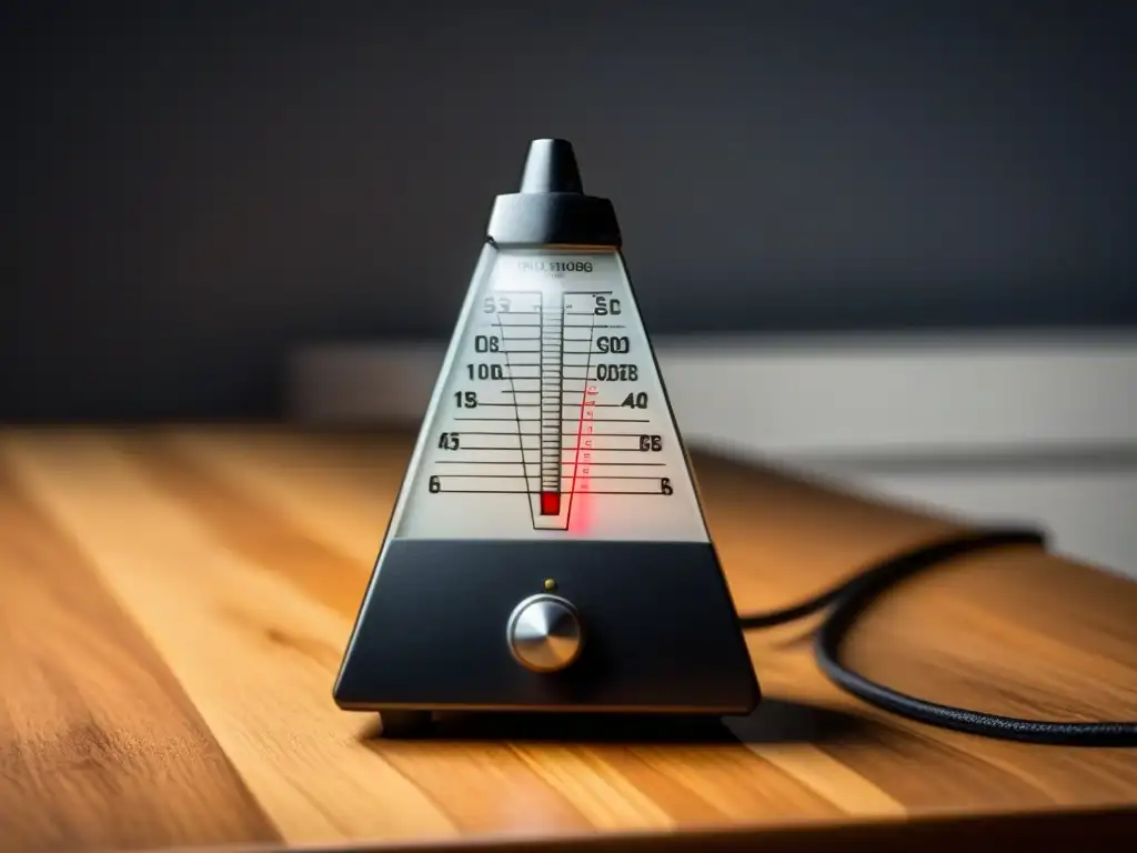 Un metrónomo vintage en un escritorio de madera, iluminado suavemente, evocando el lenguaje del ritmo en poesía