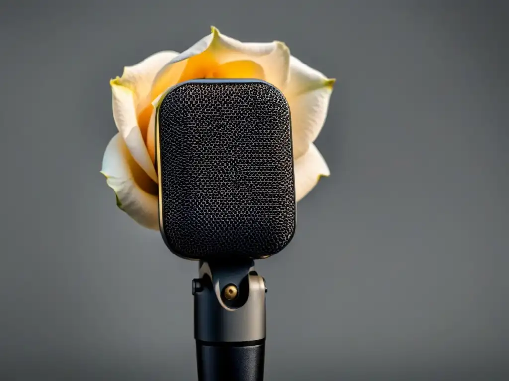 Un micrófono en blanco y negro con una rosa delicada enredada en el soporte, simbolizando el poder transformador de la poesía en la música