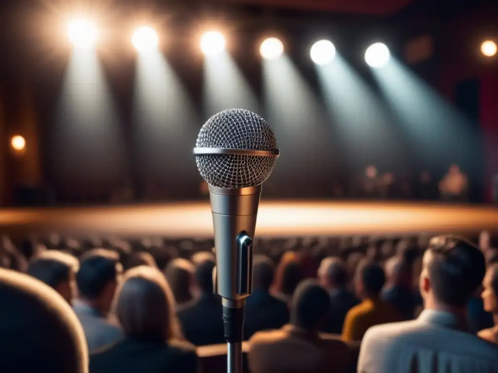 Un micrófono elegante en escenario iluminado, con siluetas de audiencia, capturando la esencia de eventos micrófono abierto poesía