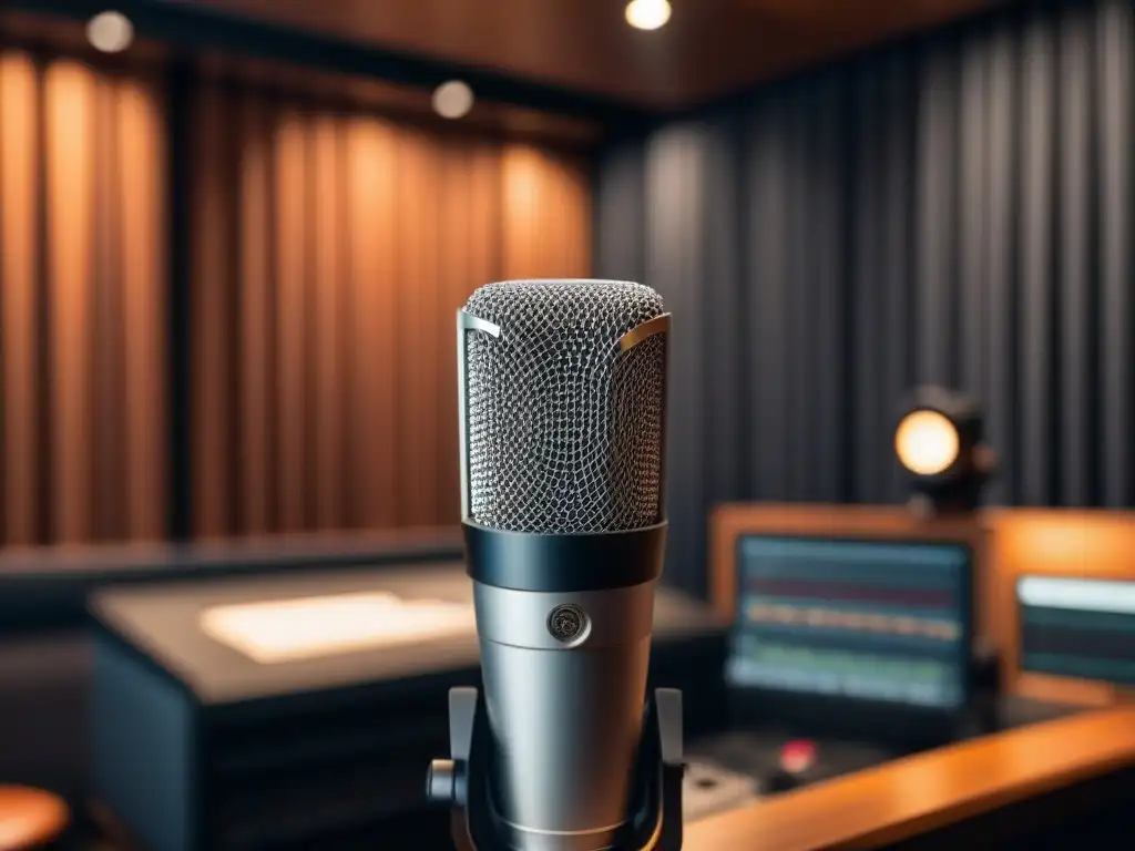 Un micrófono elegante en un estudio de grabación, detalle y sofisticación