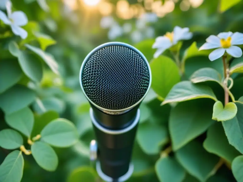 Microfono poético: crecimiento y apoyo en la comunidad de poetas Un micrófono entrelazado con enredaderas en flor, simbolizando el crecimiento poético mediante patrocinio en comunidad poética
