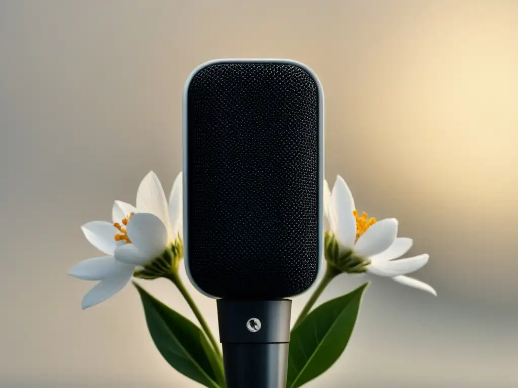 Micrófono floreciente: poesía transformadora Un micrófono entretejido con flores en blanco y negro, simbolizando la transformación social a través de la poesía