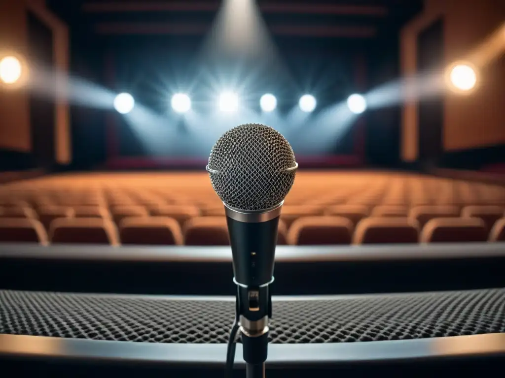 Un micrófono de escenario iluminado en un elegante auditorio, crea un ambiente de anticipación y reverencia