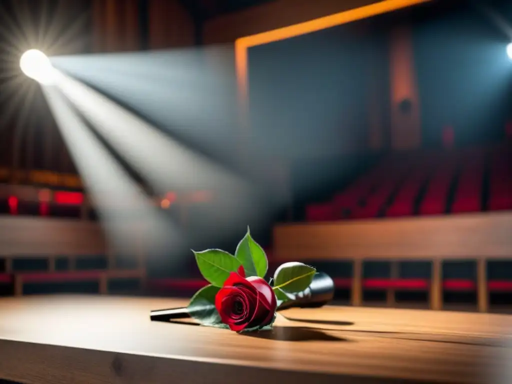 Un micrófono en un escenario de madera bajo una luz focal, con una rosa roja y fondo borroso, evocando eventos poéticos marcas transformadoras