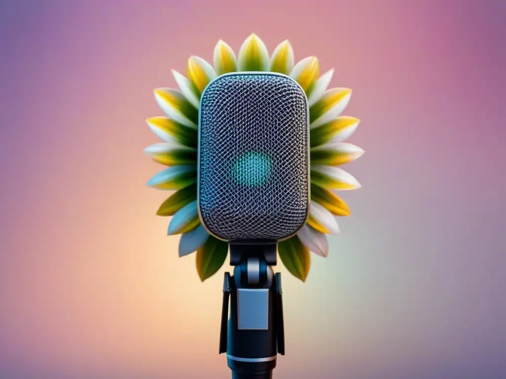 Un micrófono se transforma en una flor en tonos pastel, simbolizando la poesía transformadora de la voz