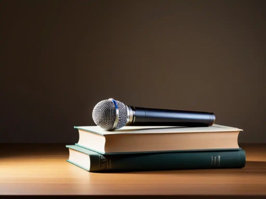 Un micrófono sobre libros de poesía, iluminado por un foco suave en una mesa de madera