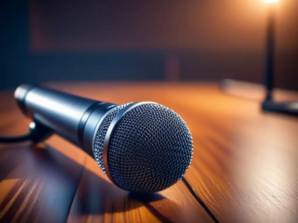 Micrófono moderno en 8k: detalle y elegancia en madera Un micrófono moderno en un escritorio de madera iluminado por una luz, destacando sus detalles