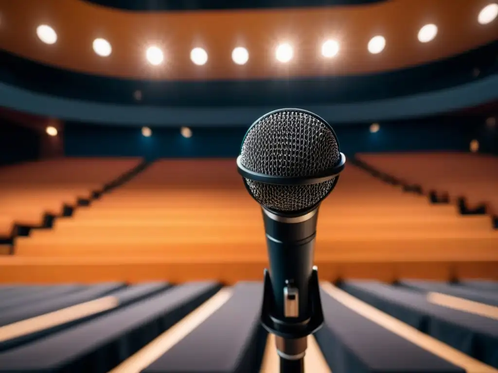 Un micrófono negro y elegante en un escenario solitario, bajo una luz tenue en un auditorio vacío