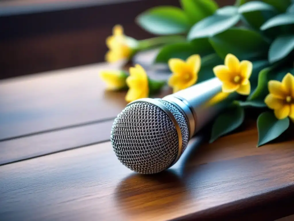 Un micrófono plateado sobre una mesa rústica con flores vibrantes en su entorno