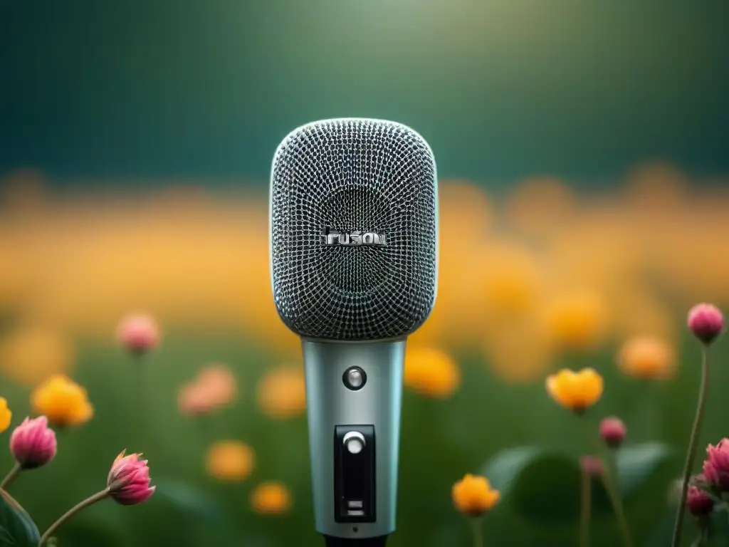 Micrófono rodeado de delicadas flores, simbolizando la fusión de voces femeninas y poesía en un ambiente sereno y empoderador