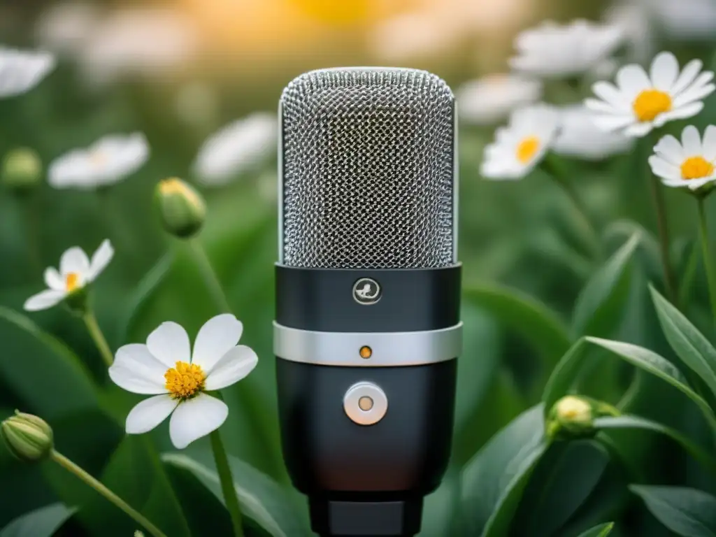 Un micrófono rodeado de flores en blanco y negro, simbolizando la poesía como herramienta de cambio