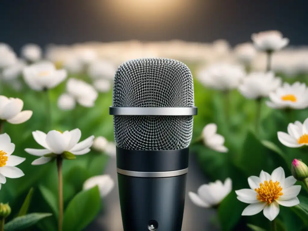 Micrófono rodeado de flores, representando el poder de las palabras en festivales de poesía con causa