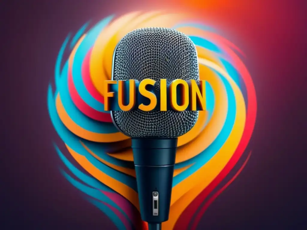 Un micrófono rodeado de palabras vibrantes en español, simbolizando la fusión de poesía y activismo en una representación moderna y dinámica
