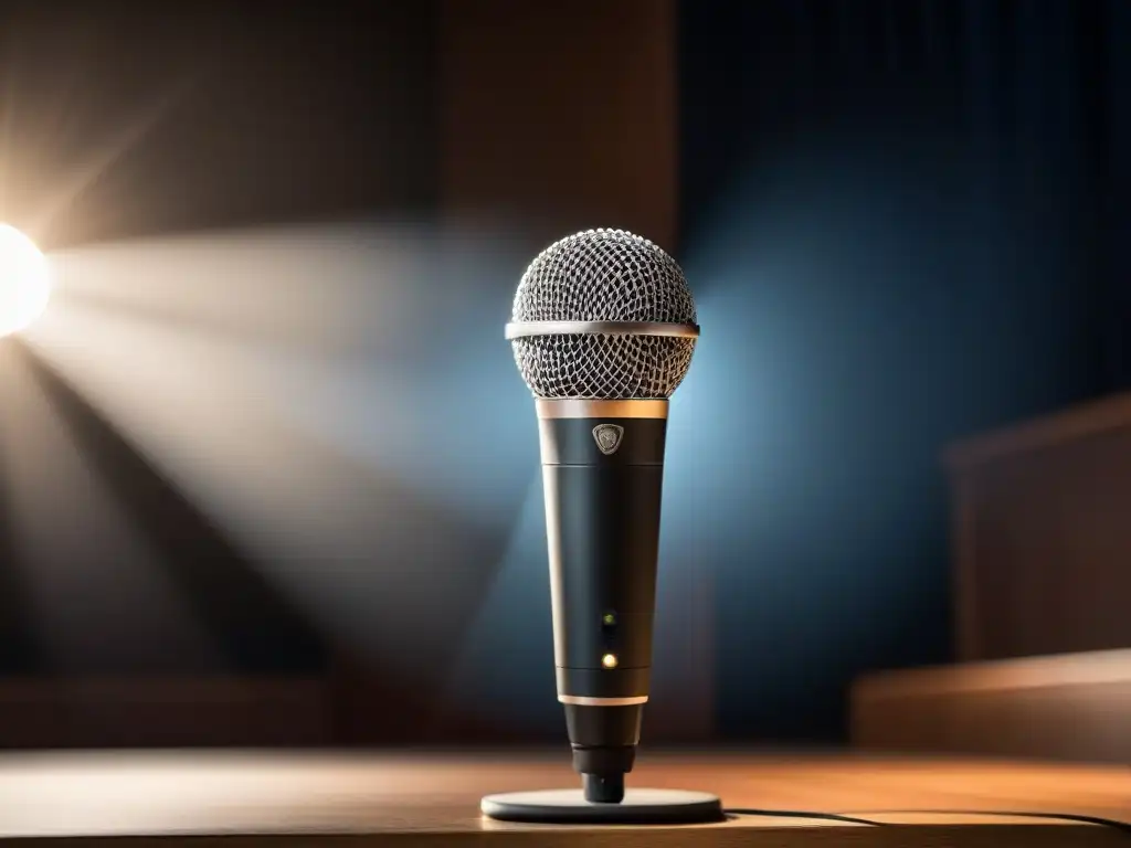 Micrófono solitario en escenario blanco y negro bajo foco, evocando anáforas y epíforas en poesía