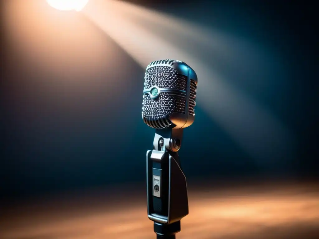 Un micrófono solitario en un escenario, iluminado por un foco, proyecta una sombra dramática