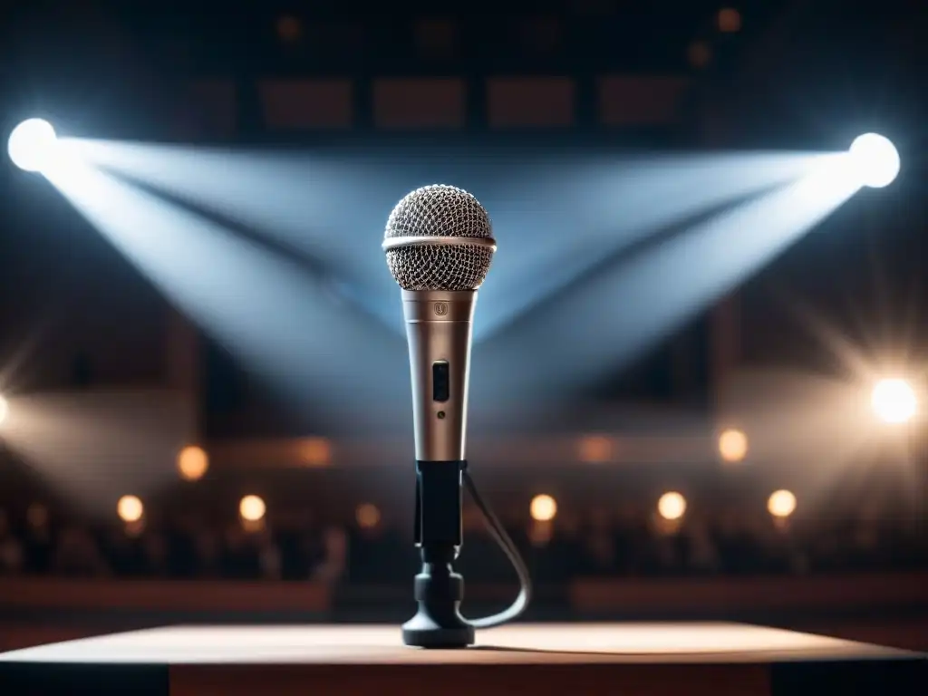 Un micrófono solitario en un escenario, iluminado por un foco en un teatro vacío, simbolizando la poesía transformadora movimientos activistas