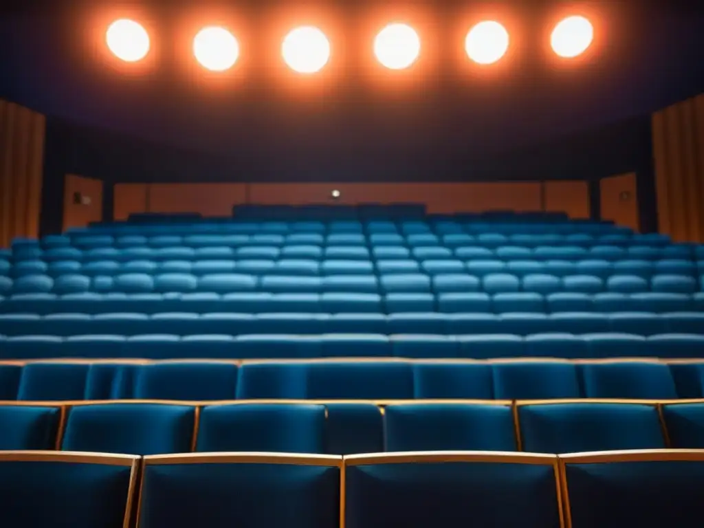 Un micrófono solitario en un escenario iluminado, proyectando sombras dramáticas en un auditorio vacío