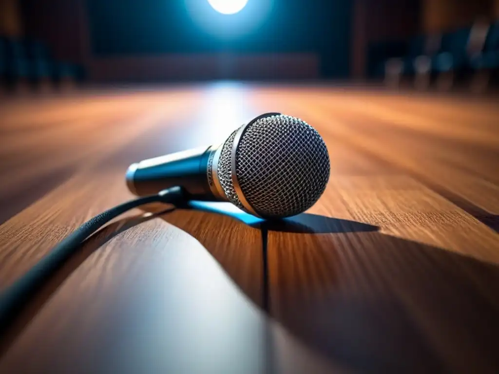 Un micrófono en solitario en un escenario iluminado, simbolizando la poesía como herramienta de cambio