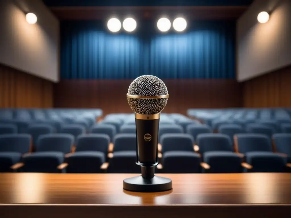 Un micrófono solitario en un escenario de madera bajo una luz suave, rodeado de sillas vacías en un auditorio tenue