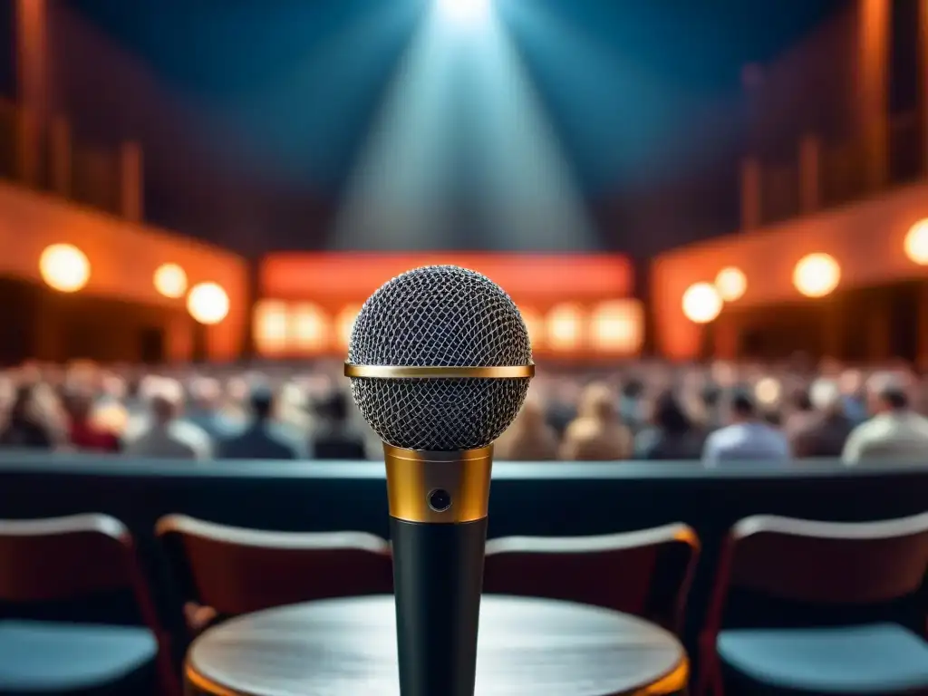 Un micrófono solitario brilla en un escenario, con una silla vacía frente a él y una audiencia borrosa de fondo