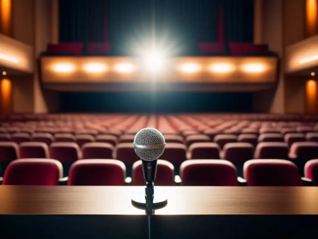 Un micrófono solitario destaca en un escenario sombrío, proyectando una larga sombra sobre asientos vacíos en un auditorio silencioso