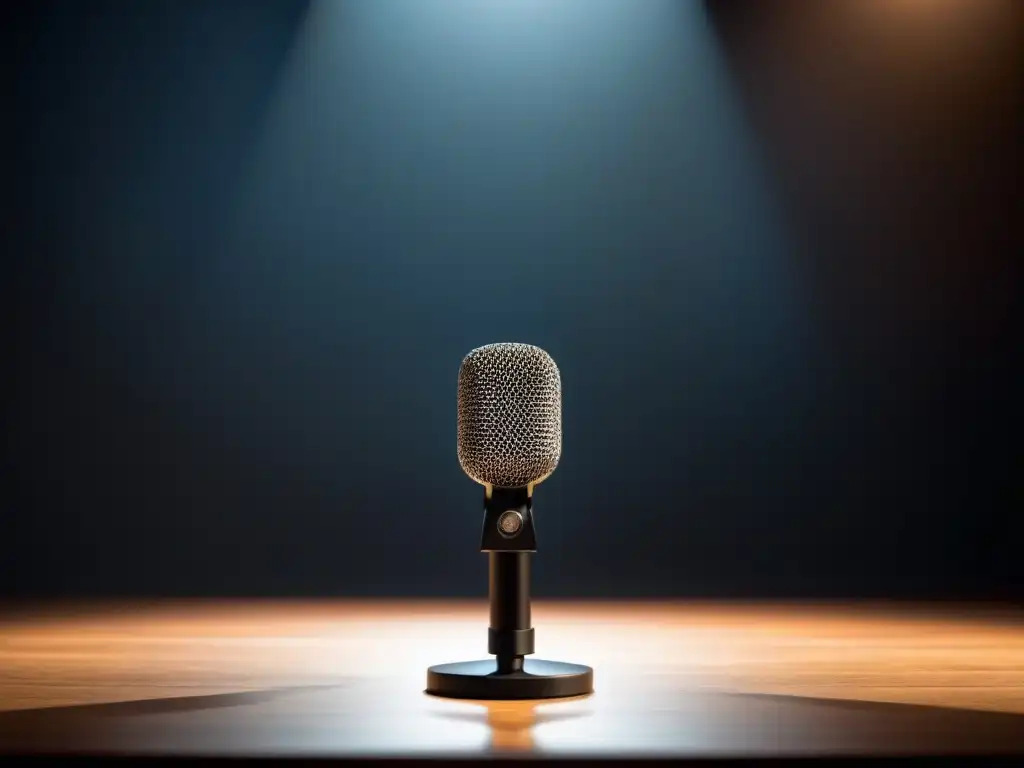 Micrófono solitario en escenario: simbolismo y elegancia Un micrófono solitario en un escenario tenue, simbolizando la poesía como herramienta de expresión