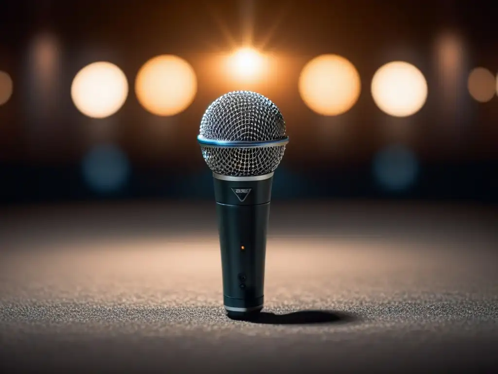 Micrófono solitario en el escenario: potencia y visibilidad poética Un micrófono solitario en un escenario tenue, iluminado por un foco, simbolizando el poder de las palabras en eventos poéticos