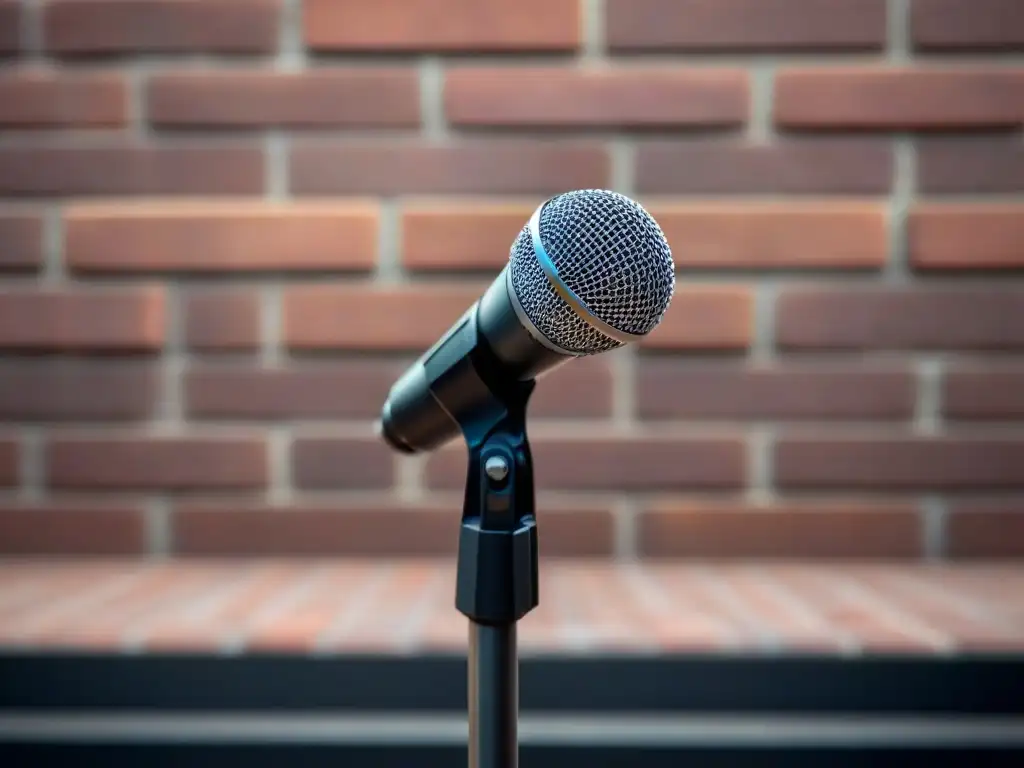 Un micrófono solitario en un escenario tenue, proyectando una larga sombra sobre una pared de ladrillos