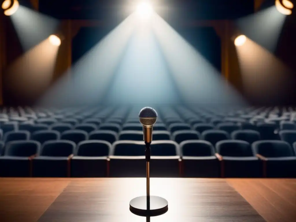 Un micrófono solitario en un escenario tenue, iluminado por un foco, proyecta sombras dramáticas en asientos vacíos