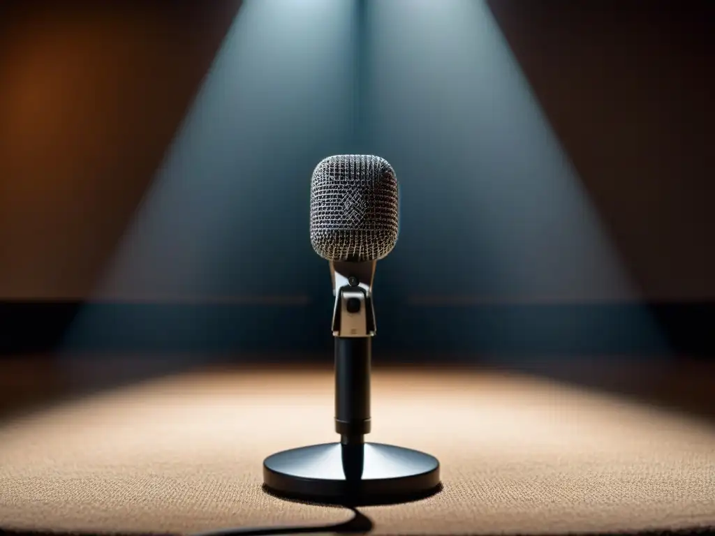 Microfono solitario: la voz única en competencias poéticas Un micrófono solitario en un escenario tenue destaca en concursos de poesía original destacarte
