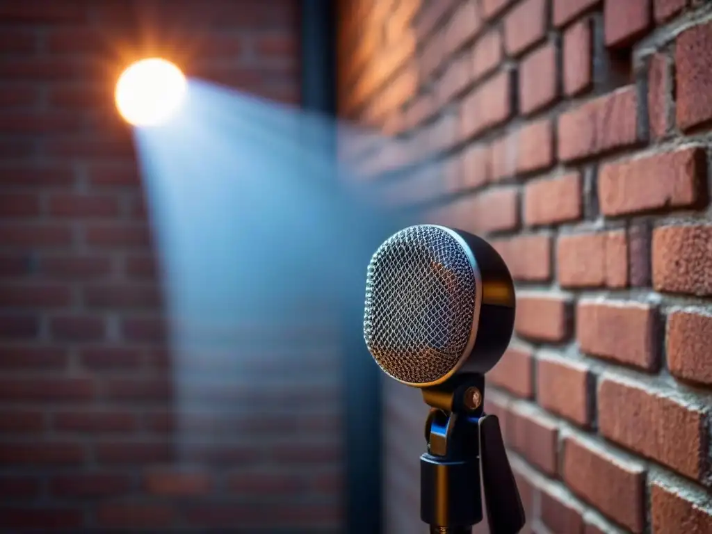 Micrófono solitario iluminado en escenario, simbolizando la poesía y orgullo cultural de la Harlem Renaissance