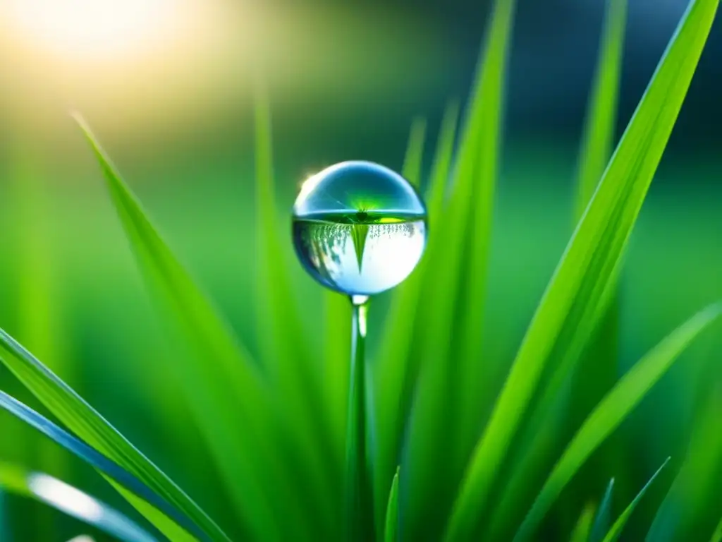 Un micropoema de poesía lírica: una gota de rocío sobre hierba verde, reflejando la luz de la mañana con claridad cristalina